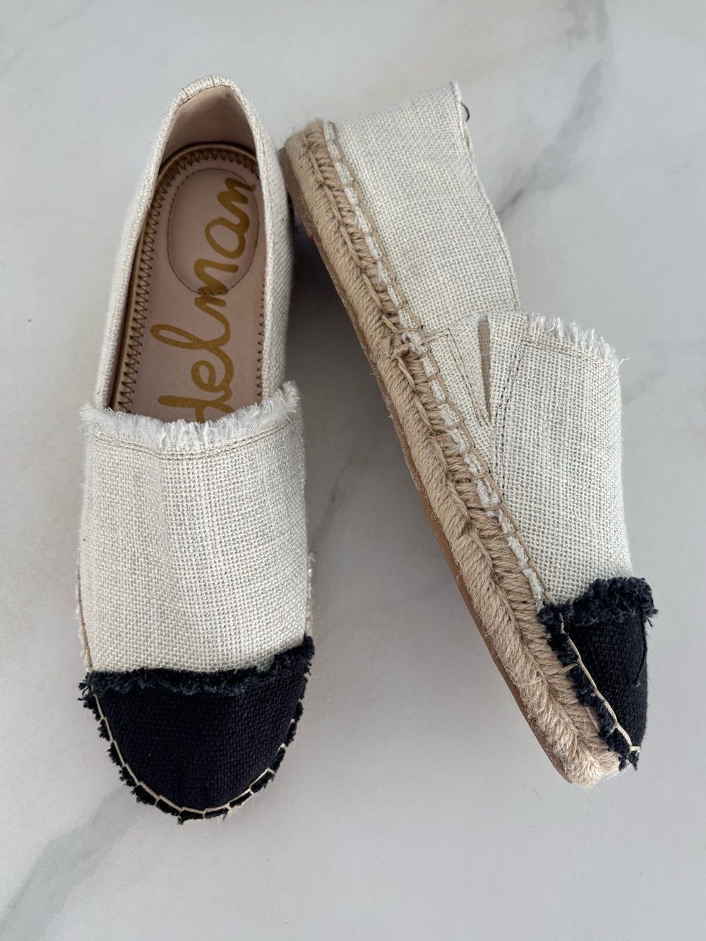 Sam Edelman Black Ivory Canvas Espadrille Flats Cap Toe Slip On Shoes 9.5